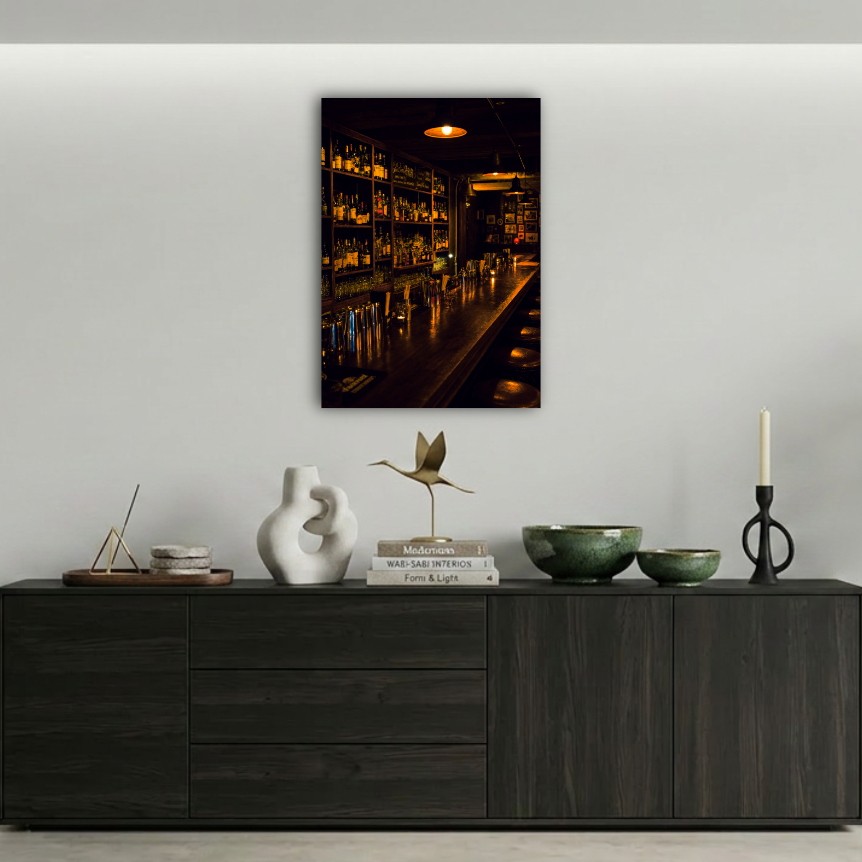 Sıcak Işıklı Antika Bar ve İçki Rafları Metal Poster