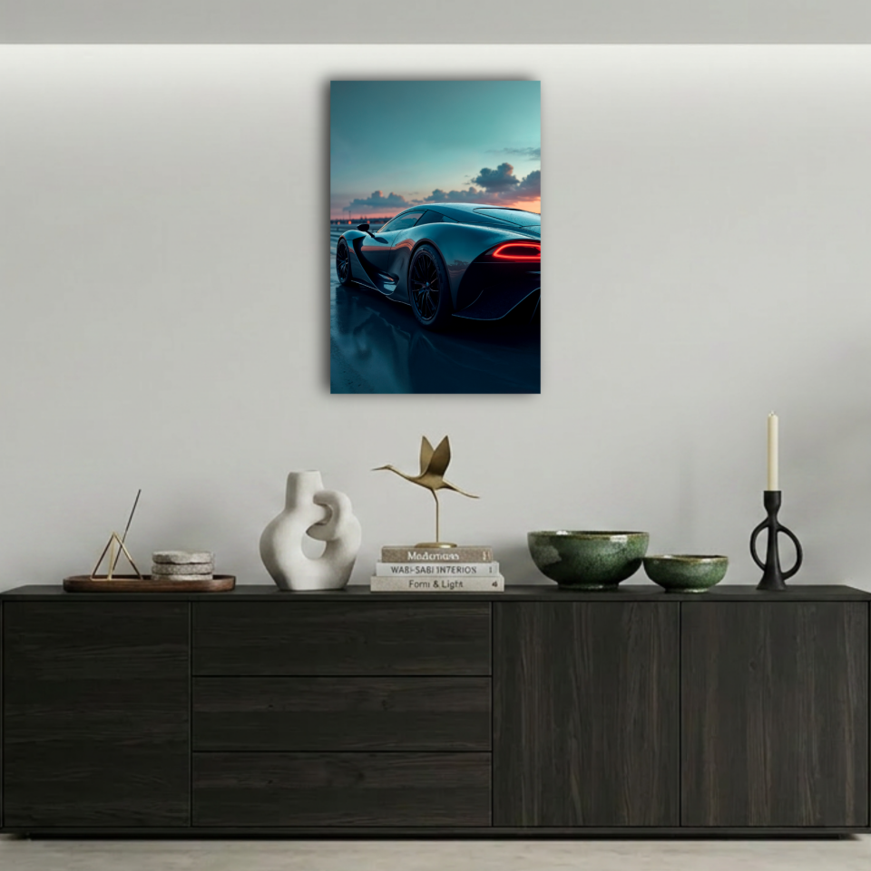 Gün Batımında Süper Spor Araba Metal Poster
