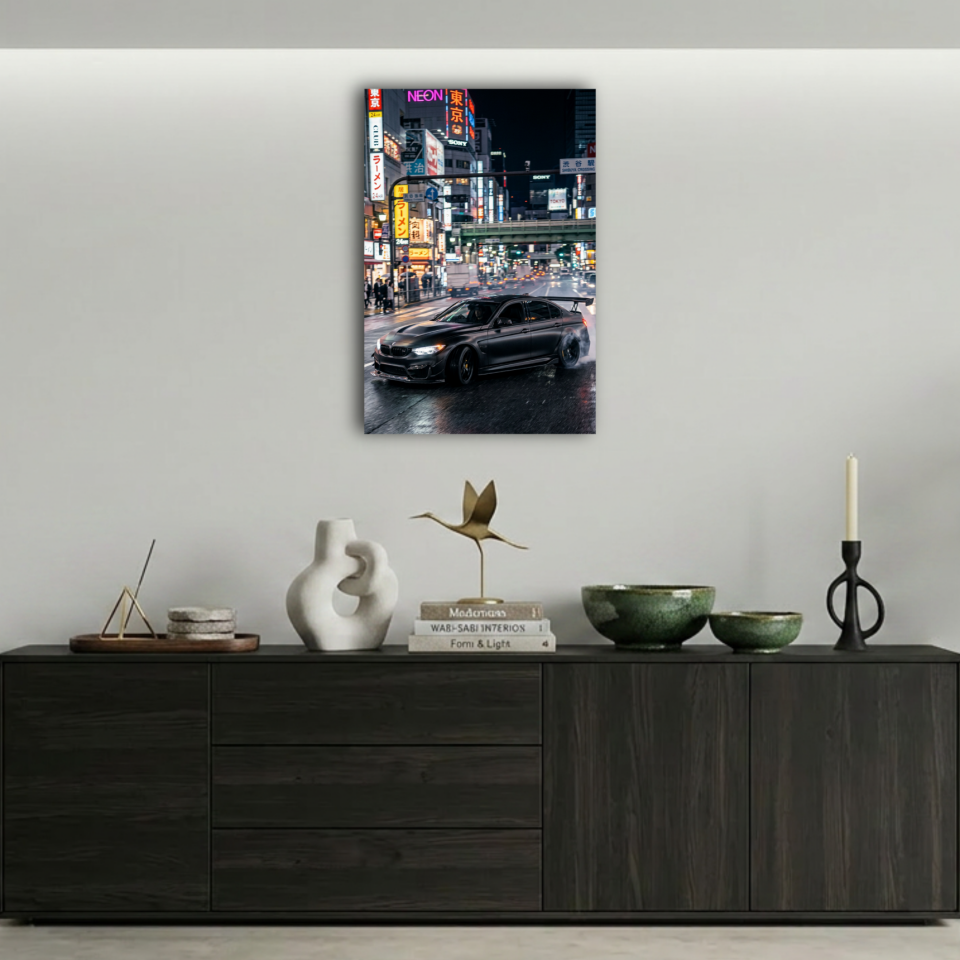 Tokyo Sokaklarında Siyah Modifiye BMW M3 Metal Poster