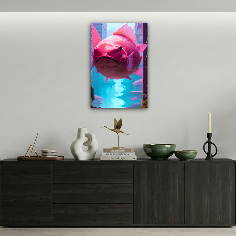 Siberpunk Pembe Dev Balık Metal Poster