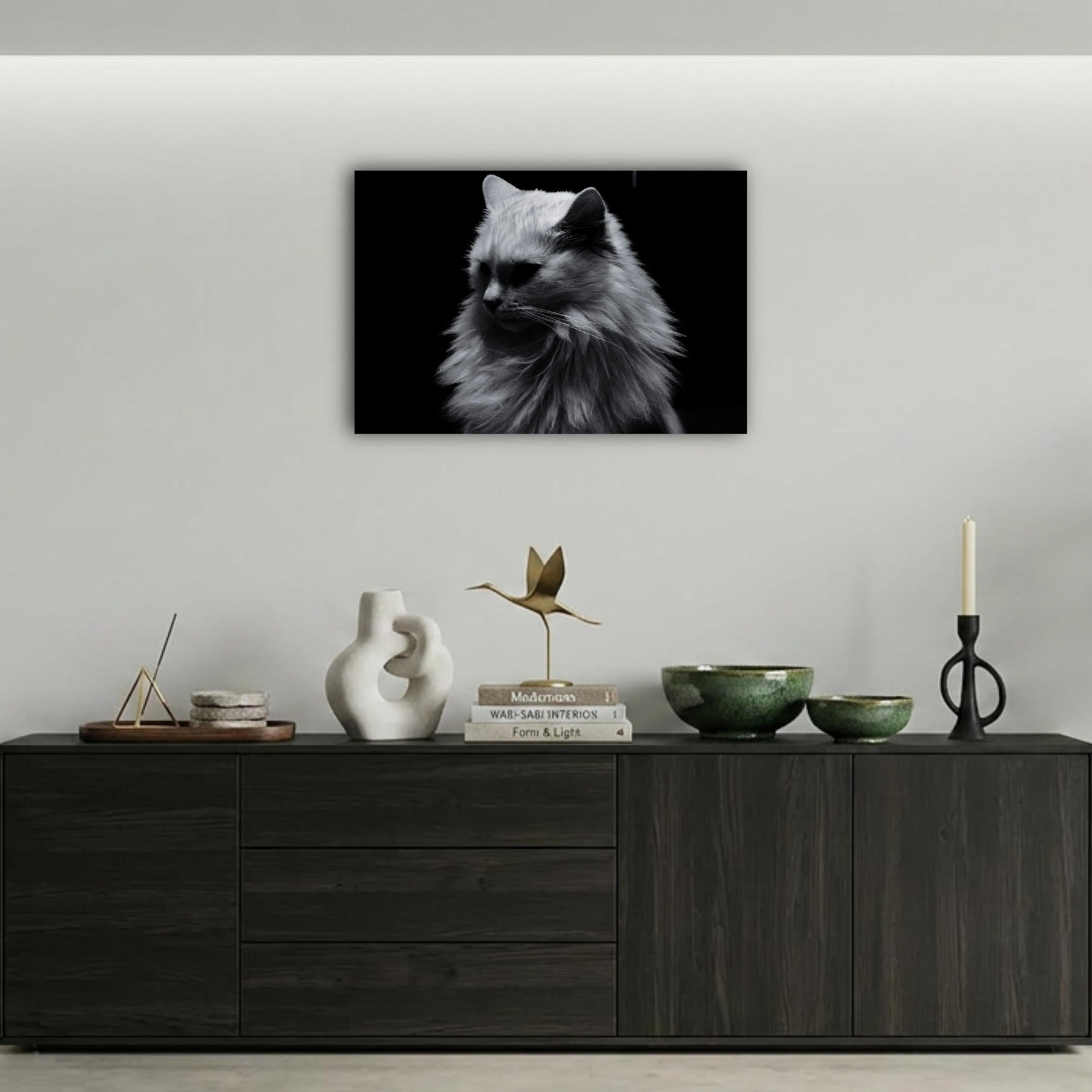 Siyah Beyaz Uzun Tüylü Kedi Metal Poster
