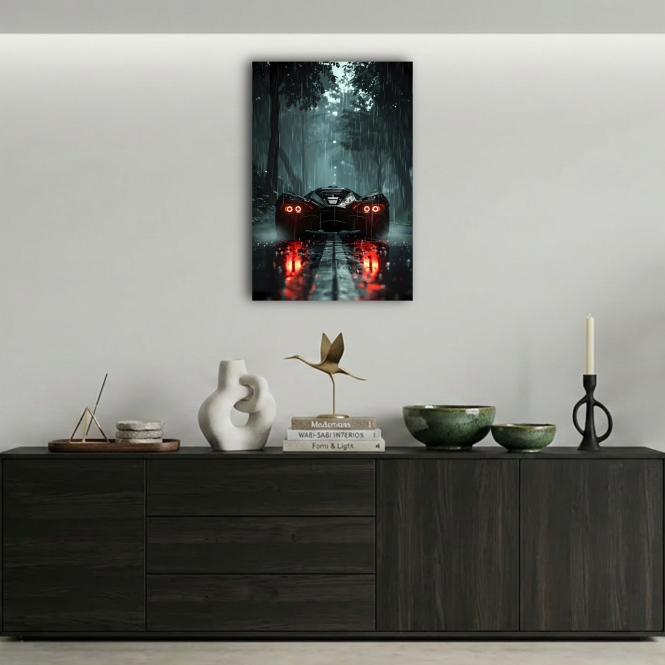 Fütüristik Spor Araba ve Yağmur Metal Poster