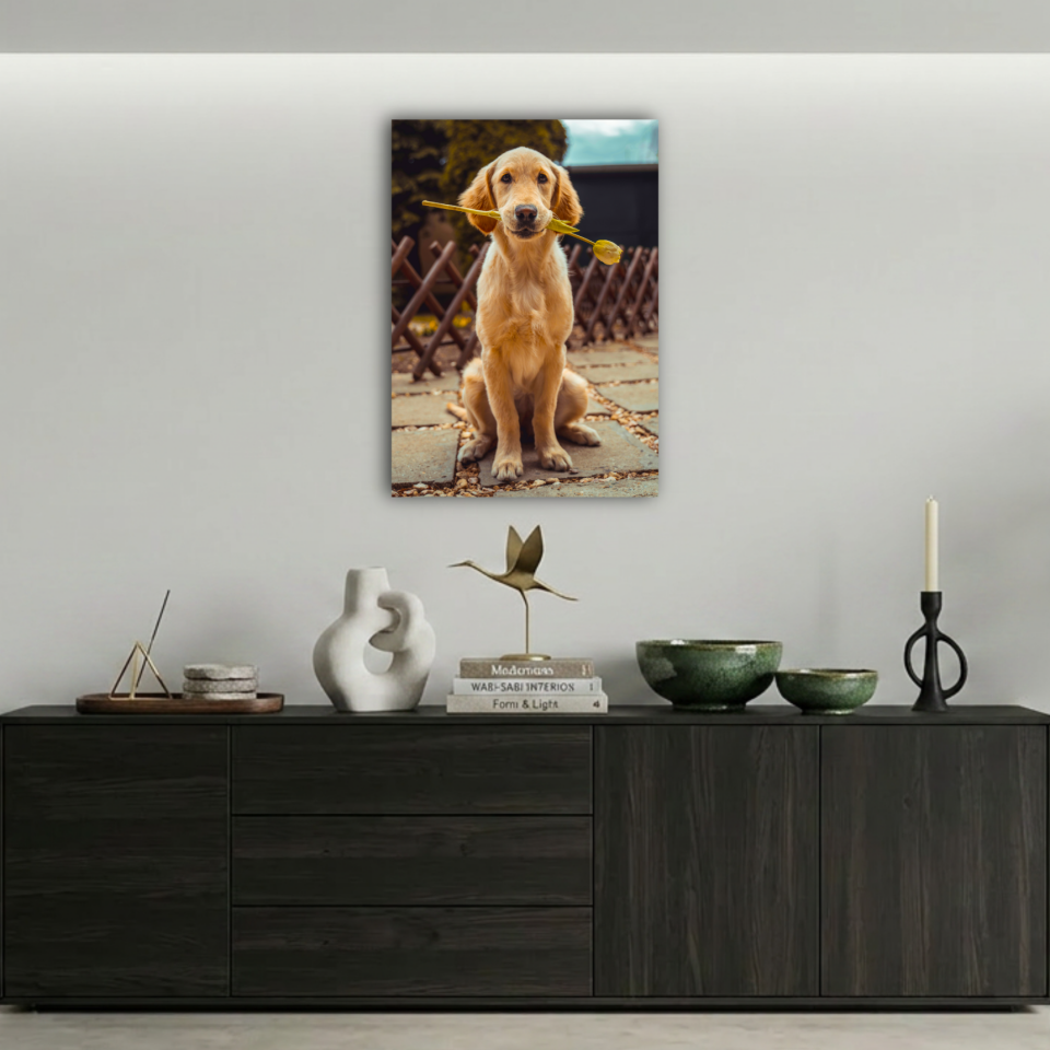 Ağzında Çiçek Tutan Sevimli Köpek Metal Poster
