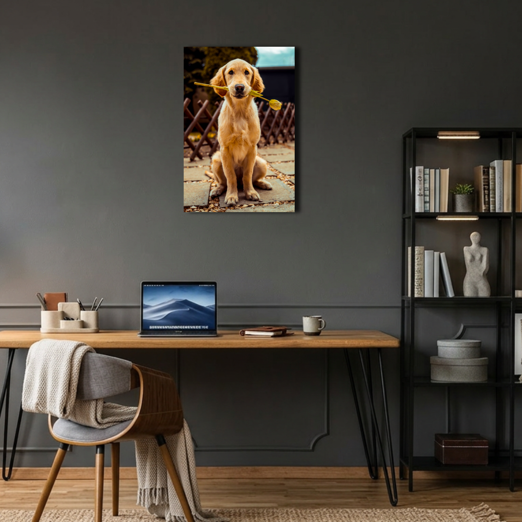 Ağzında Çiçek Tutan Sevimli Köpek Metal Poster