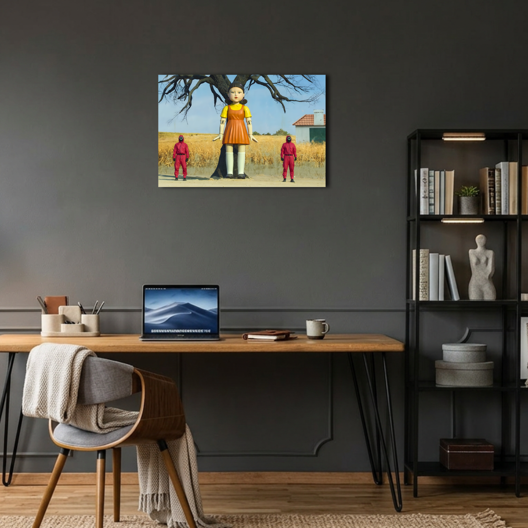 Squid Game Dev Bebek ve Muhafızlar Sahnesi Metal Poster