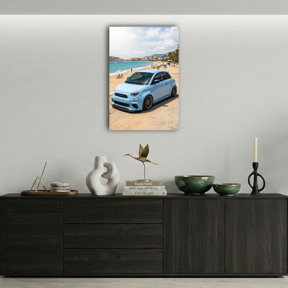 Modifiyeli Bebek Mavisi Fiat 500 Metal Poster