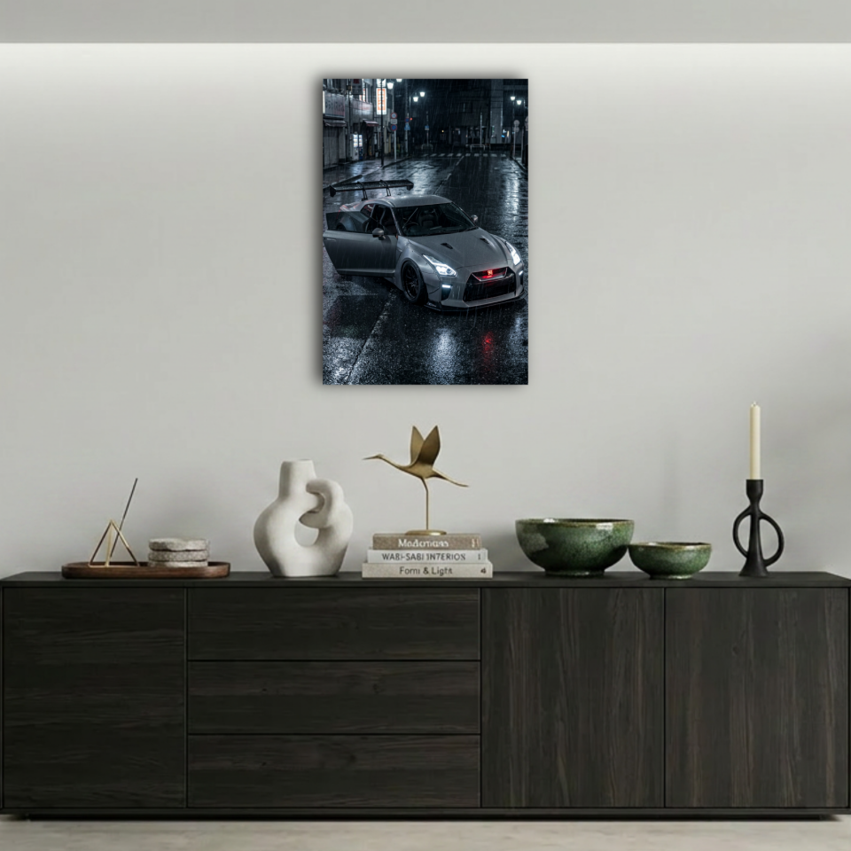 Modifiyeli Gri Nissan GT-R R35 Metal Poster