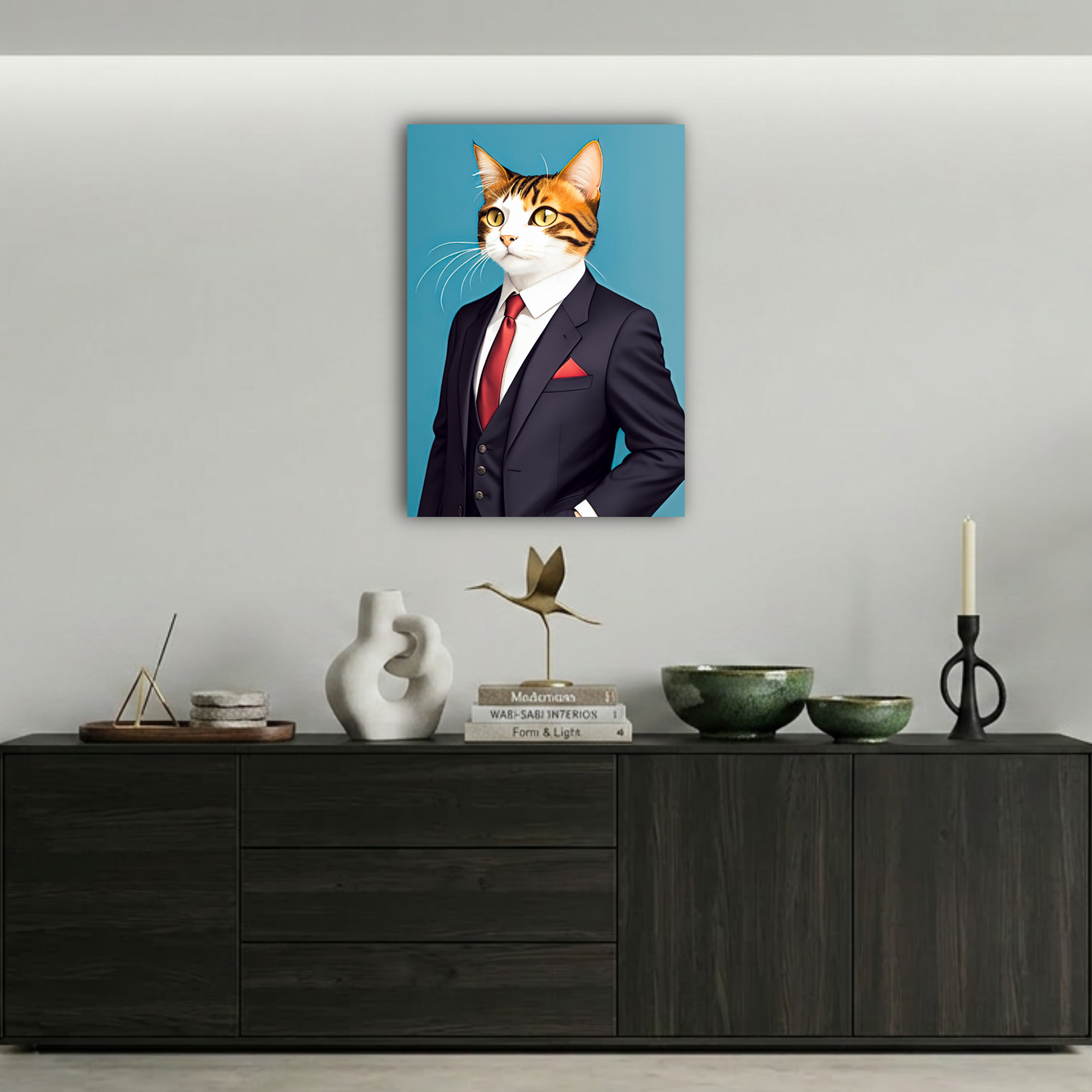 Kostümlü Kedi İllüstrasyon Metal Poster