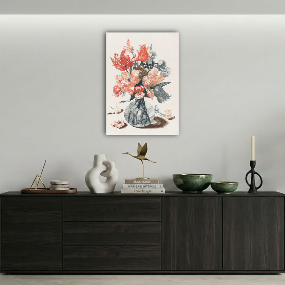 Vazoda Çiçekler Klasik İllüstrasyon Metal Poster