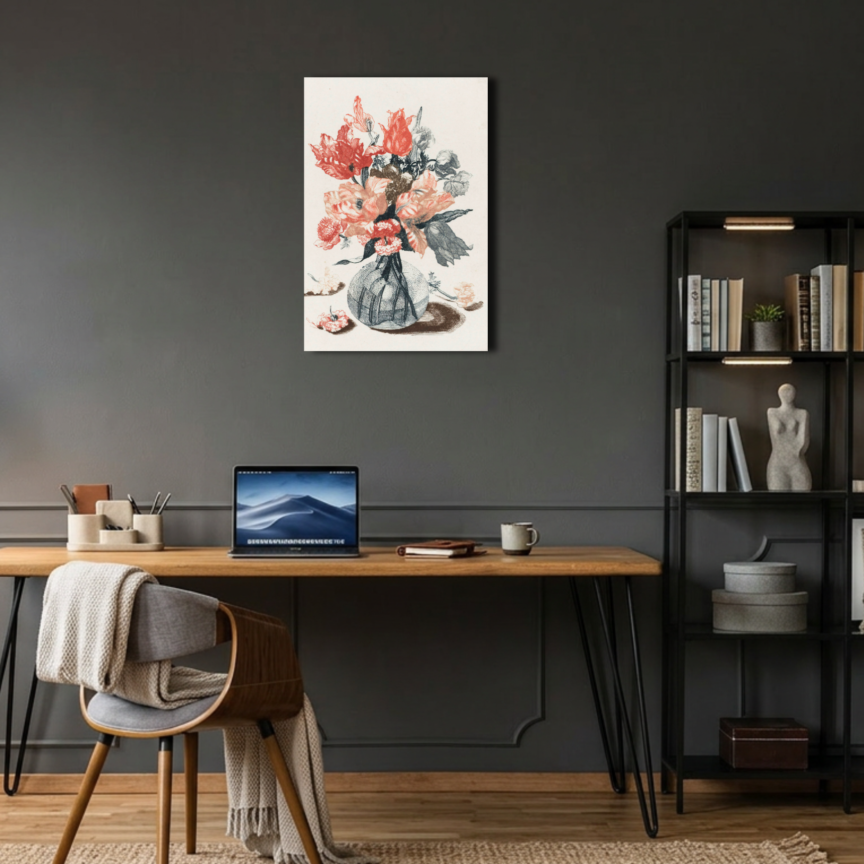 Vazoda Çiçekler Klasik İllüstrasyon Metal Poster