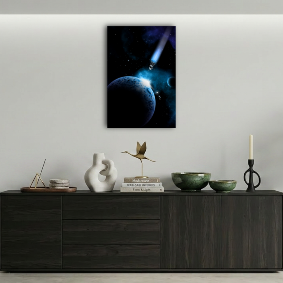 Uzay Aracı ve Mavi Gezegen Metal Poster