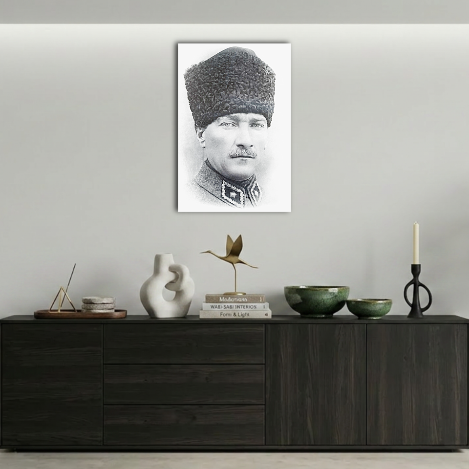 Siyah Beyaz Kalpaklı Atatürk Metal Poster