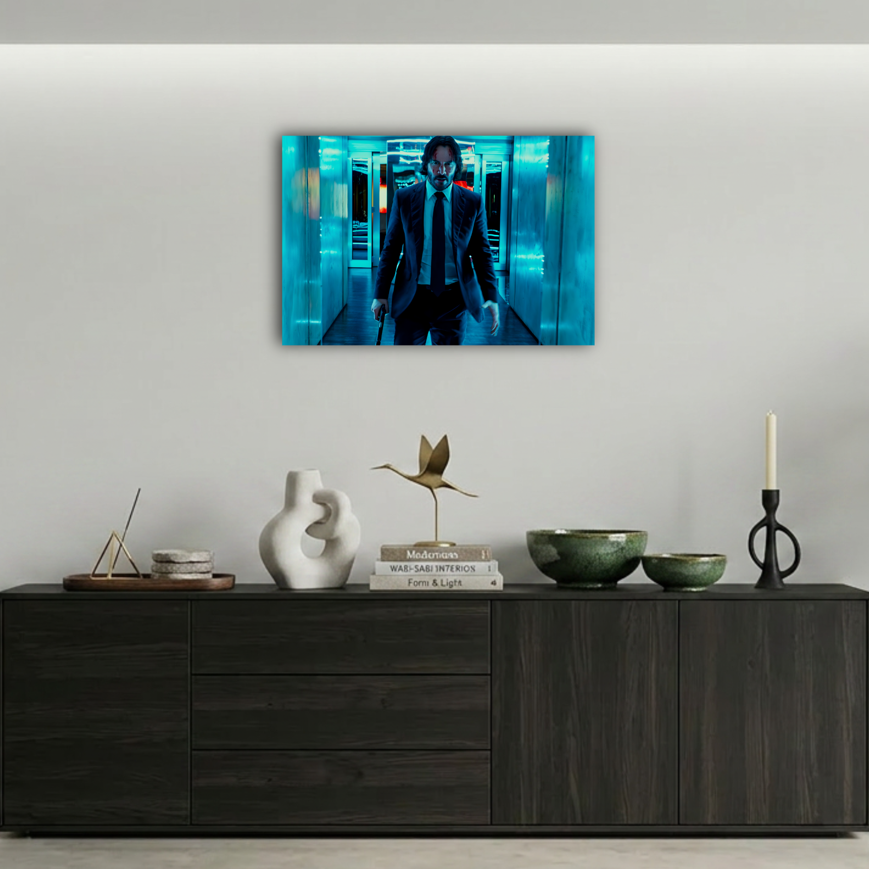 John Wick Mavi Neon Koridor Metal Poster