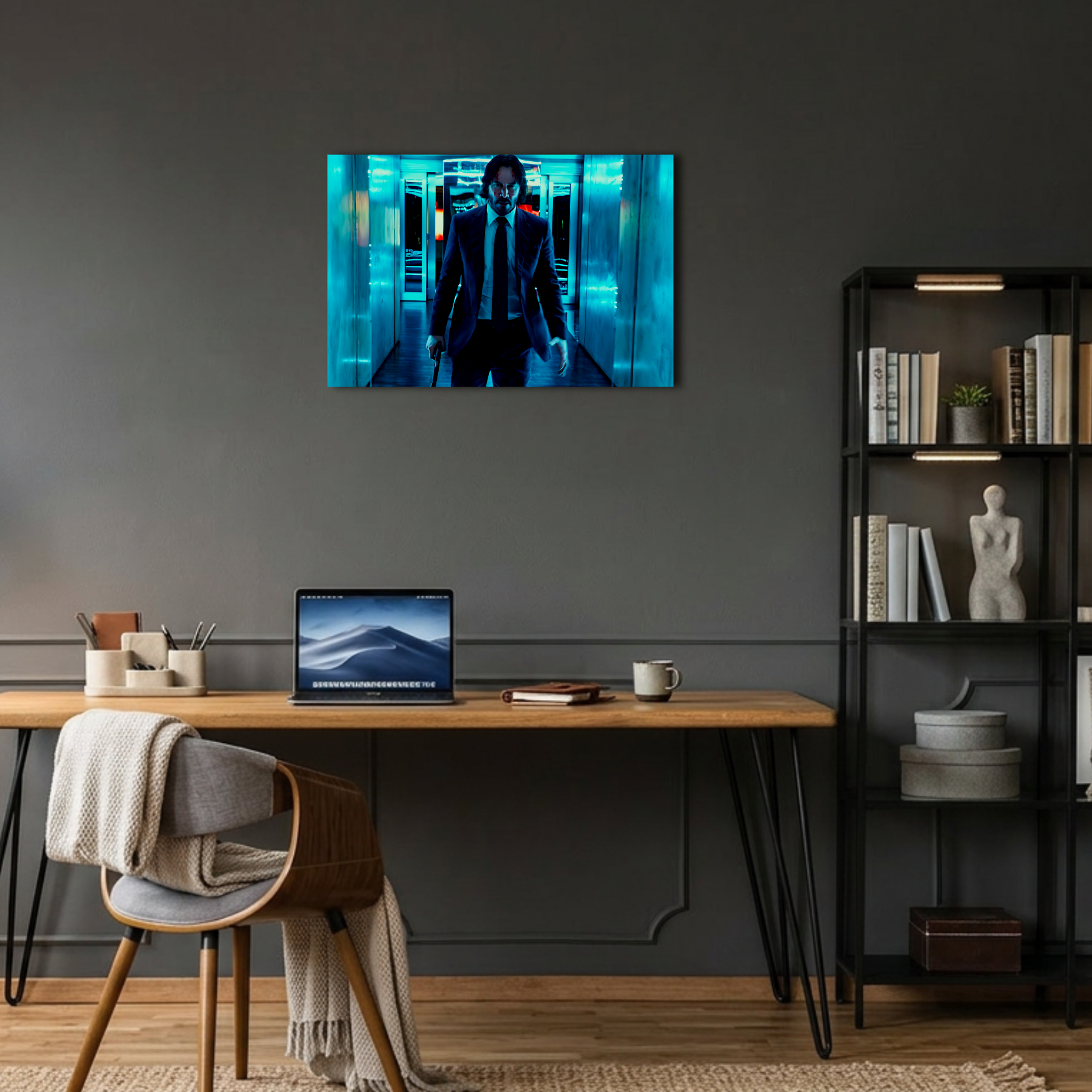 John Wick Mavi Neon Koridor Metal Poster