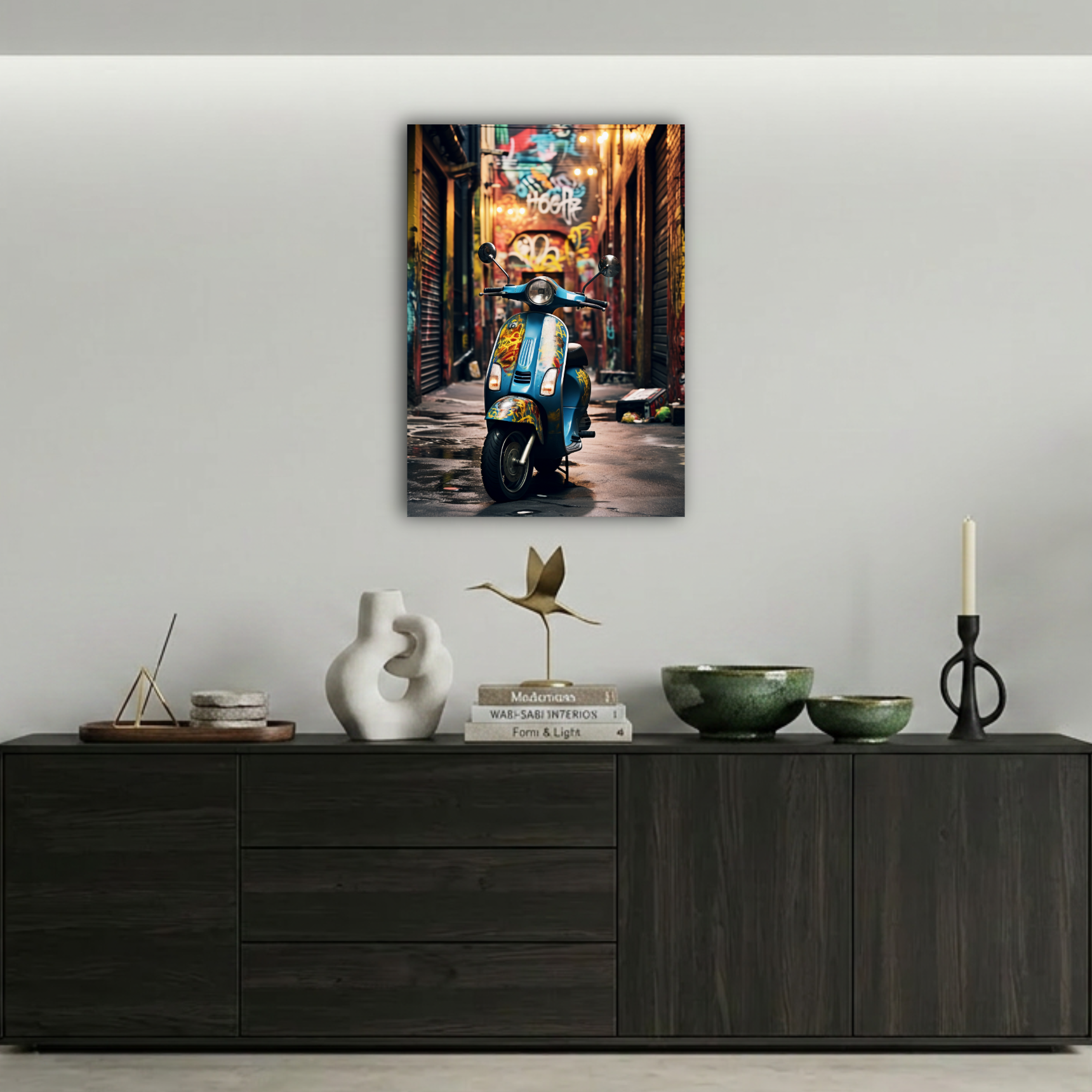 Sokak Sanatlı Mavi Scooter Metal Poster
