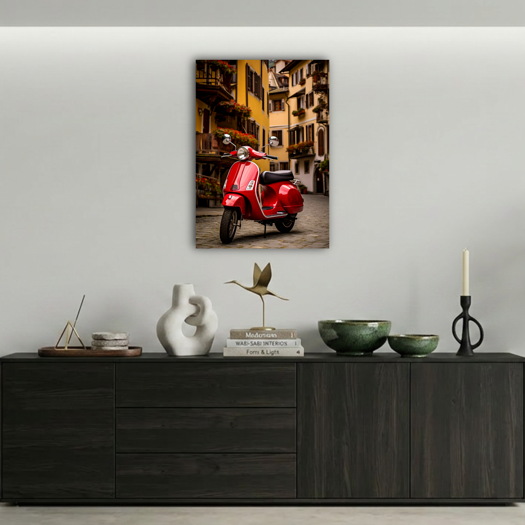 İtalyan Sokaklarında Kırmızı Scooter Metal Poster