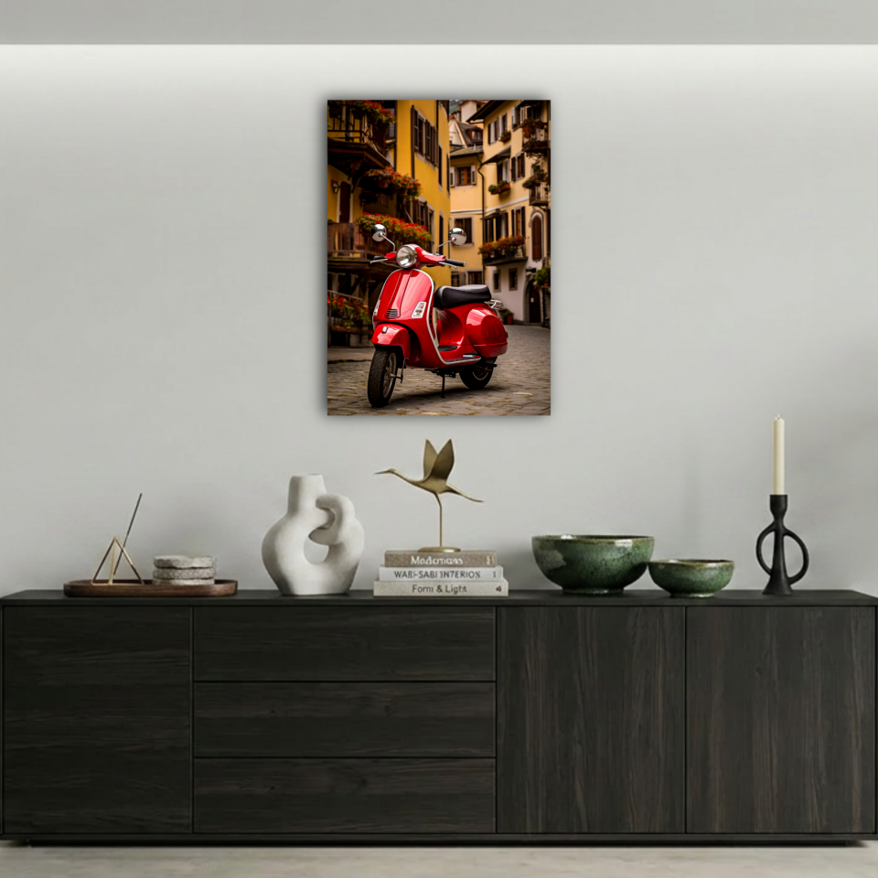 İtalyan Sokaklarında Kırmızı Scooter Metal Poster