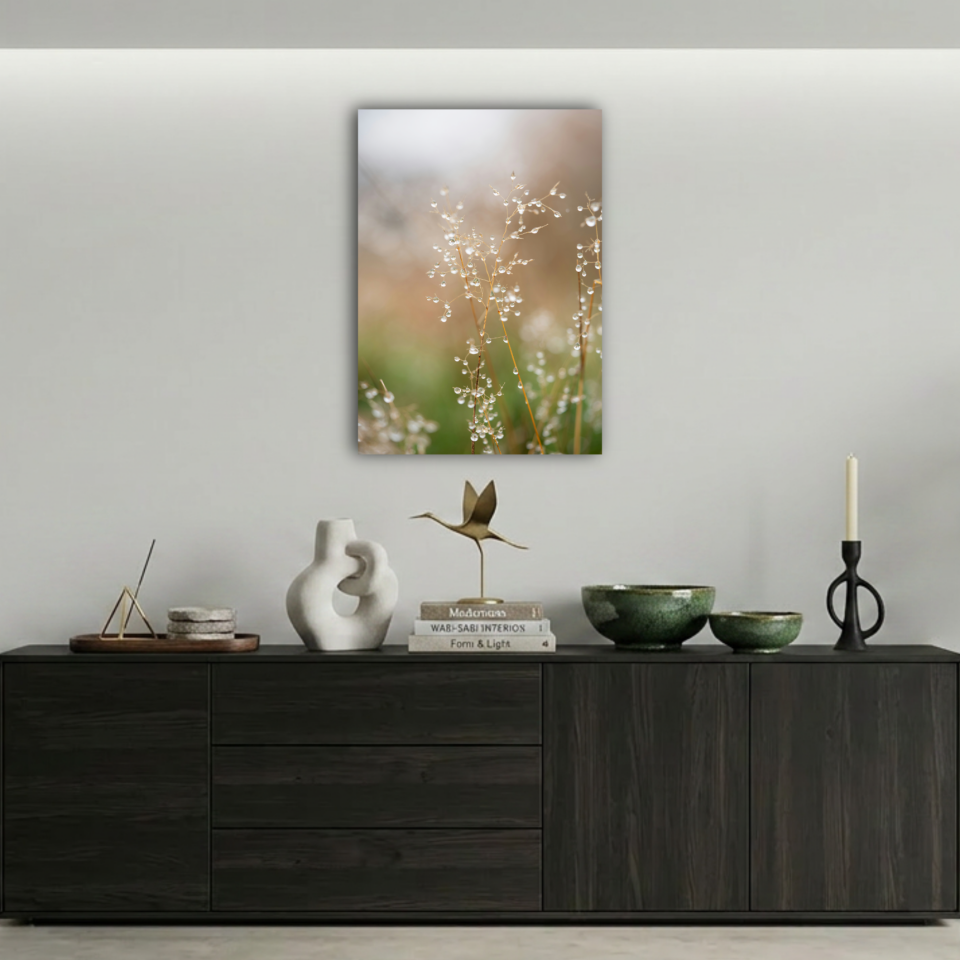Çiçek Üzerinde Su Damlaları Makro Çekim Metal Poster