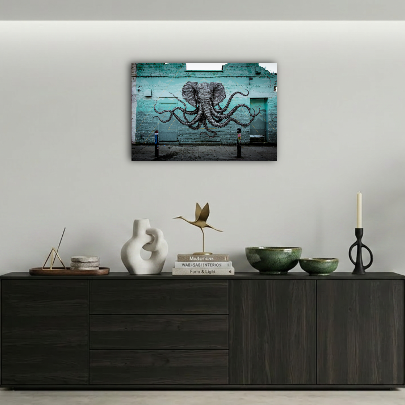 Sürrealist Fil ve Ahtapot Grafiti Metal Poster