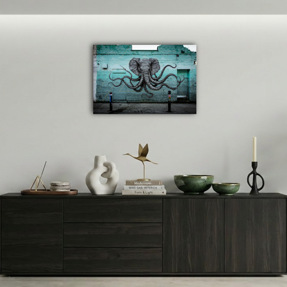 Sürrealist Fil ve Ahtapot Grafiti Metal Poster