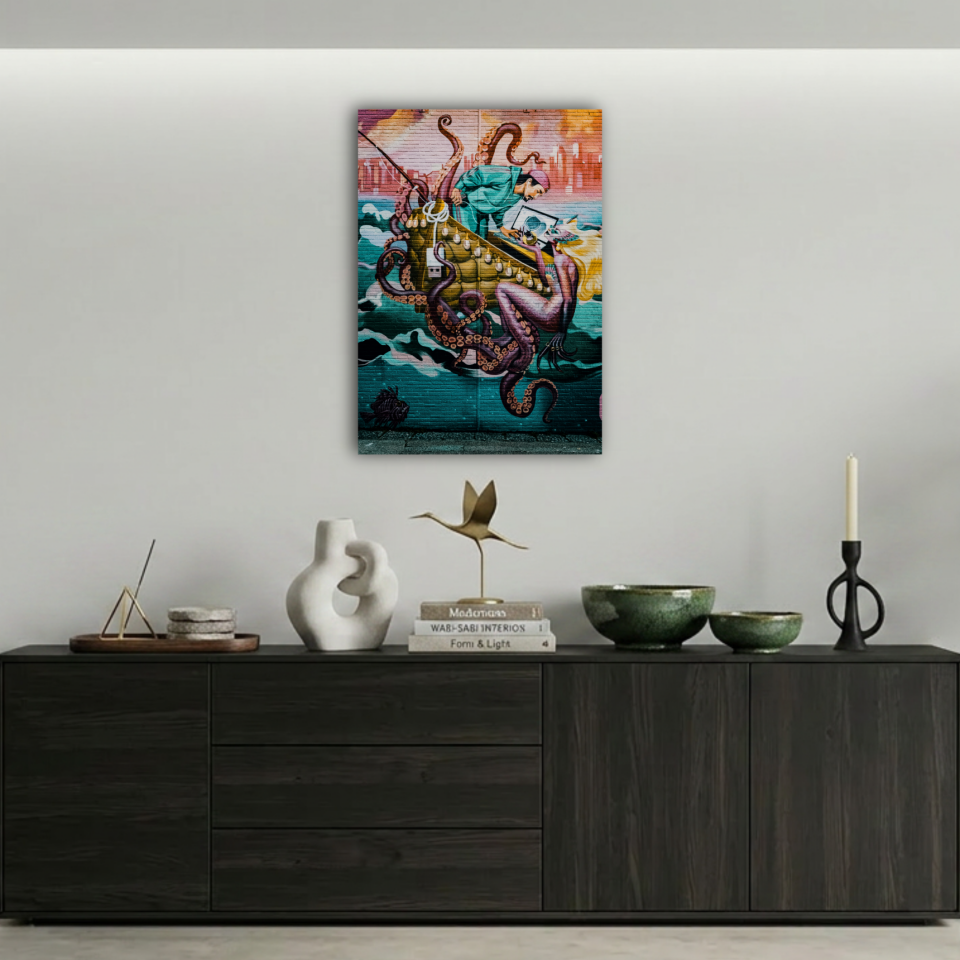 Sürrealist Denizkızı ve Ahtapot Grafiti Metal Poster
