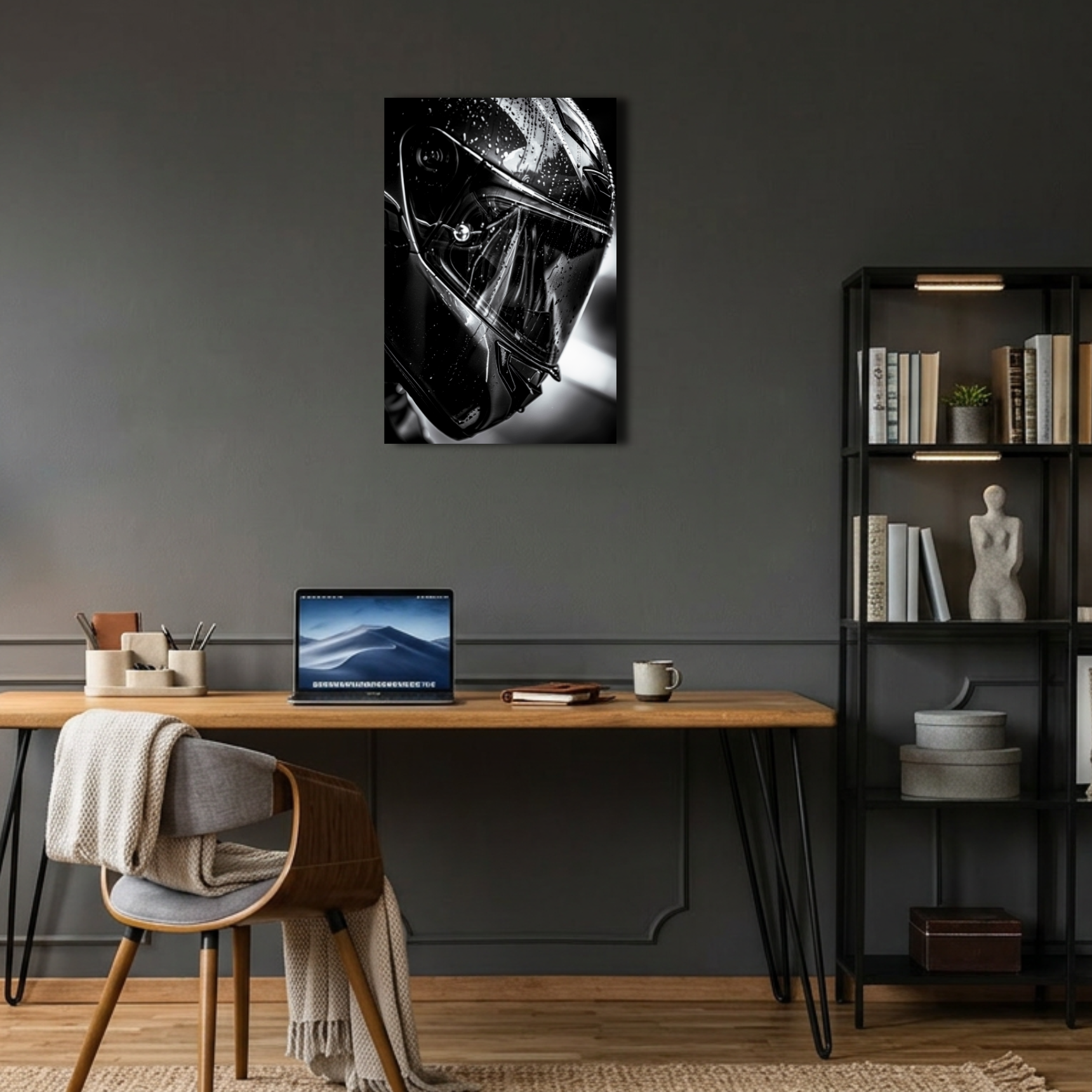 Yağmur Damlalı Siyah Motosiklet Kaskı Metal Poster