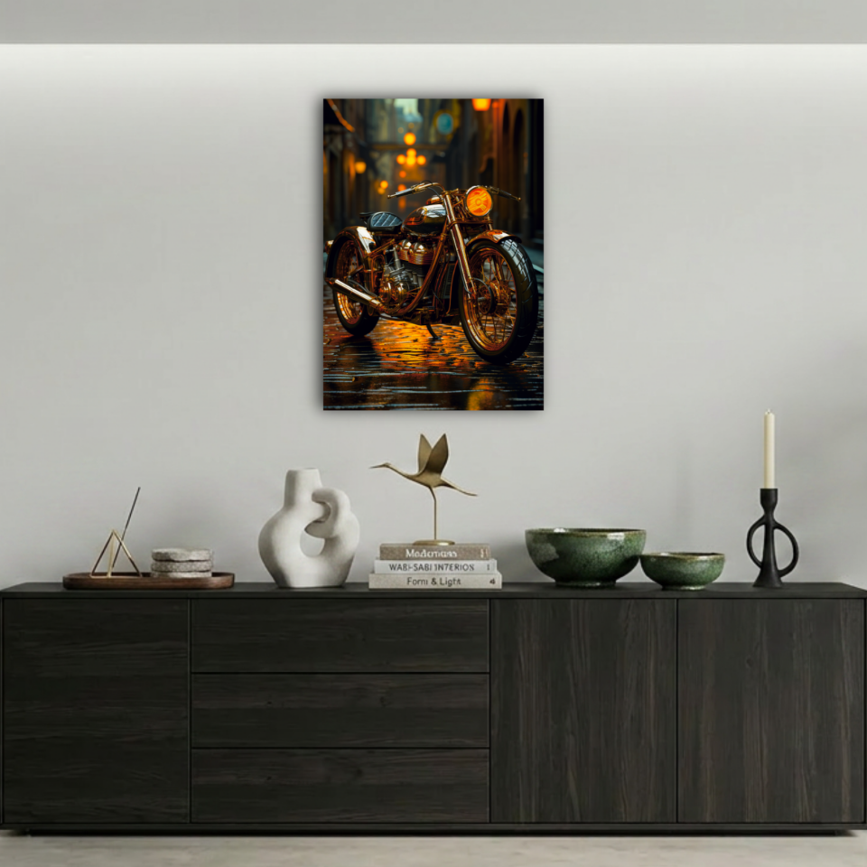 Altın Sarısı Detaylı Klasik Motosiklet Metal Poster