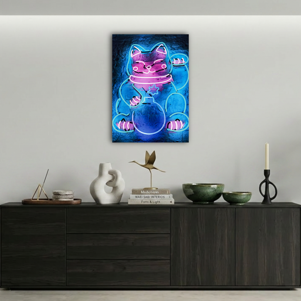 Neon Şans Kedisi Maneki Neko Metal Poster