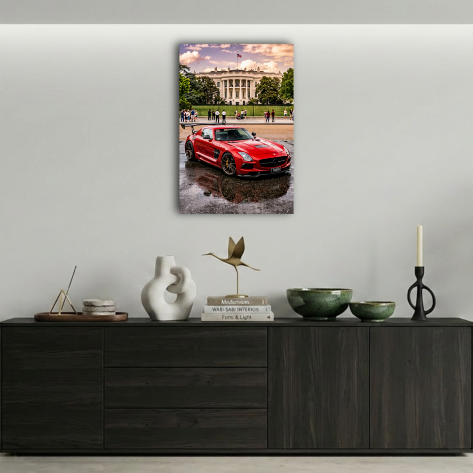 Beyaz Saray Önünde Kırmızı Mercedes SLS AMG Metal Poster